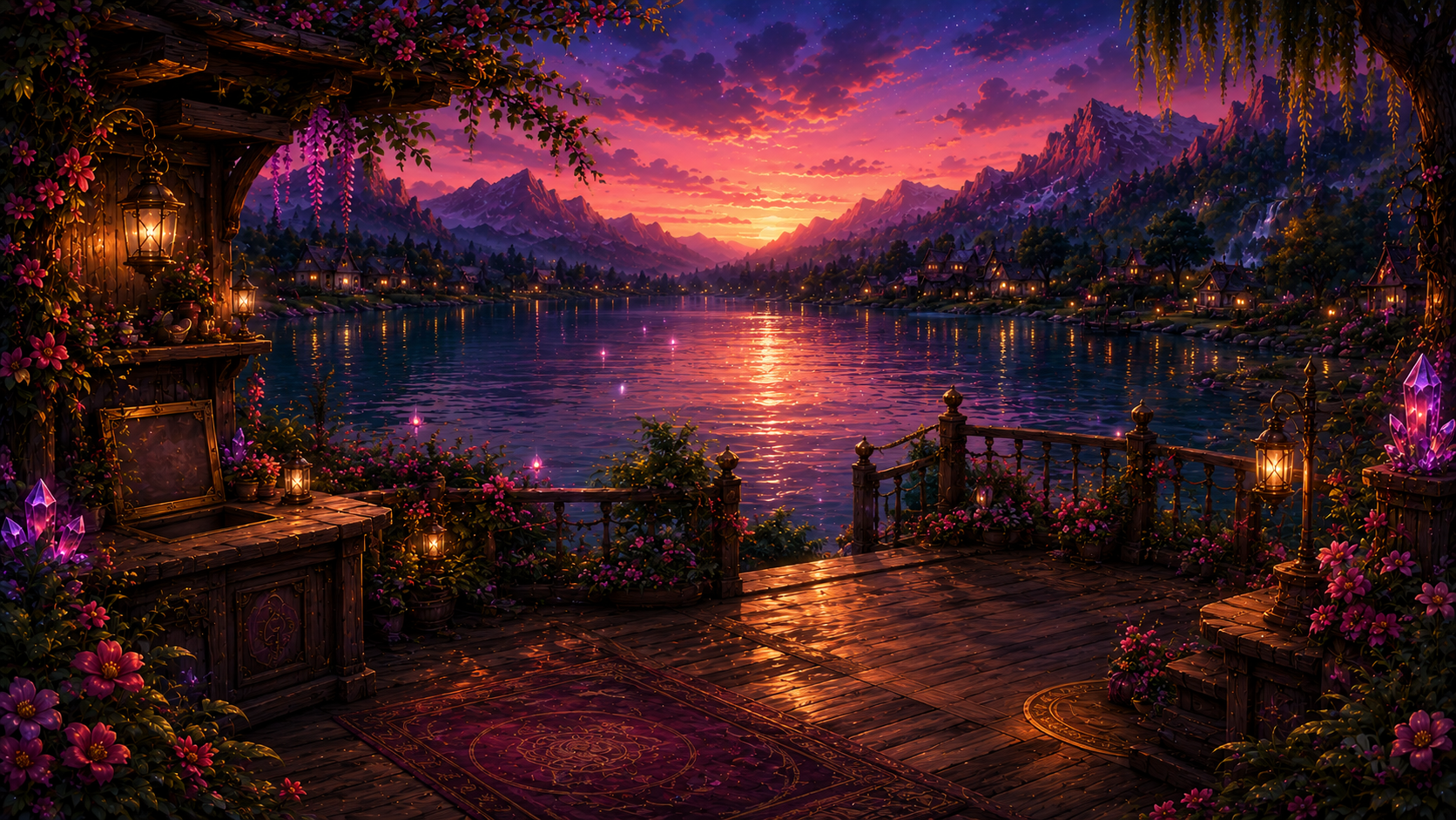 Lanternlit lakeside terrace at twilight