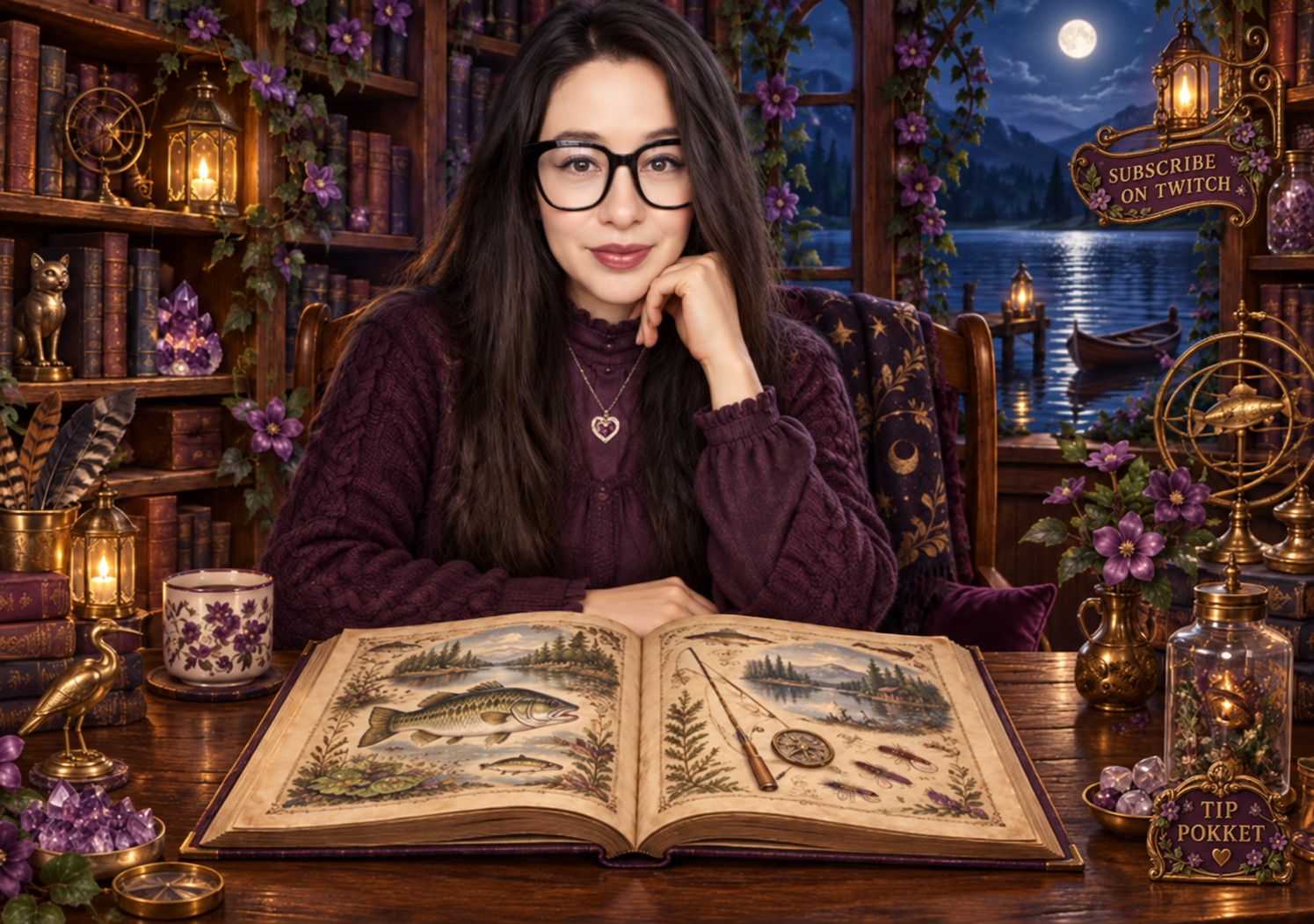 Pokket at her moonlit lakeside counter with the open Starlit Codex, a Tip Pokket jar, and a Subscribe on Twitch sign